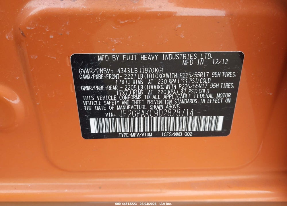 2013 SUBARU XV CROSSTREK 2.0I LIMITED VIN: JF2GPAKC9D2828714