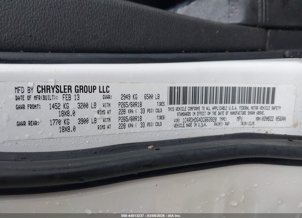 2013 DODGE DURANGO CREW VIN: 1C4RDHDG4DC663920