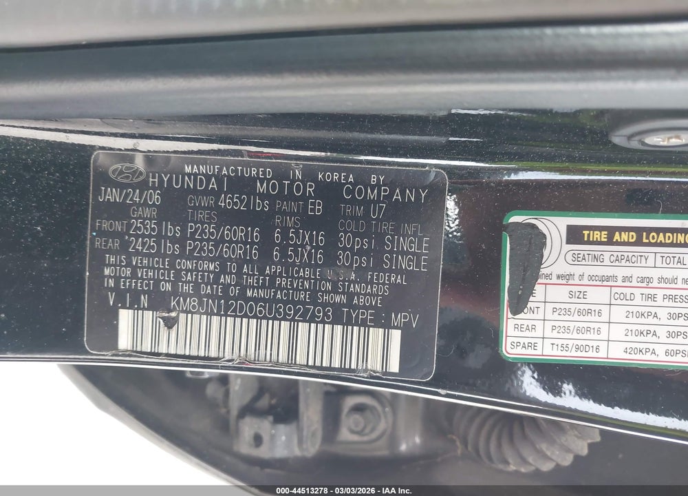 2006 HYUNDAI TUCSON GLS/LIMITED VIN: KM8JN12D06U392793