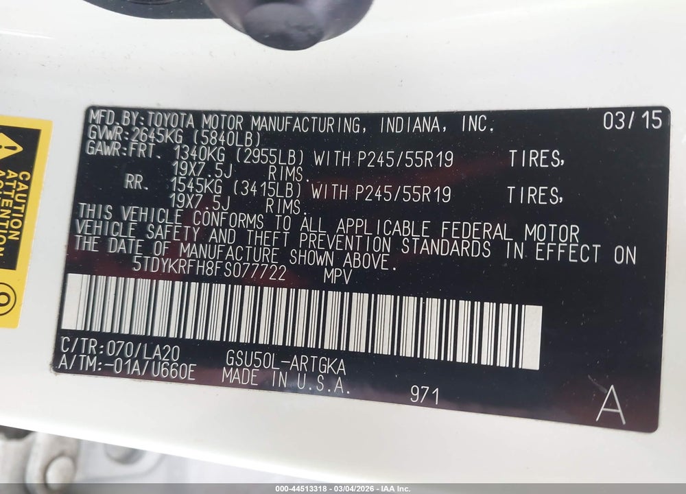2015 TOYOTA HIGHLANDER LIMITED V6 VIN: 5TDYKRFH8FS077722