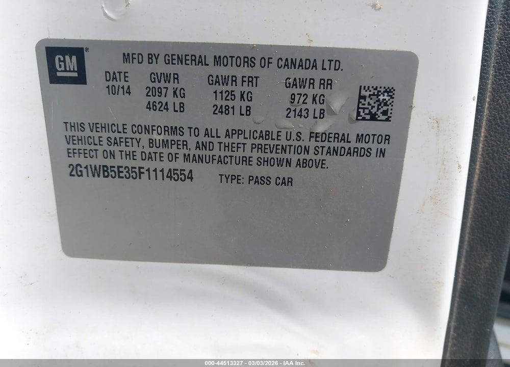 2015 CHEVROLET IMPALA LIMITED LT VIN: 2G1WB5E35F1114554