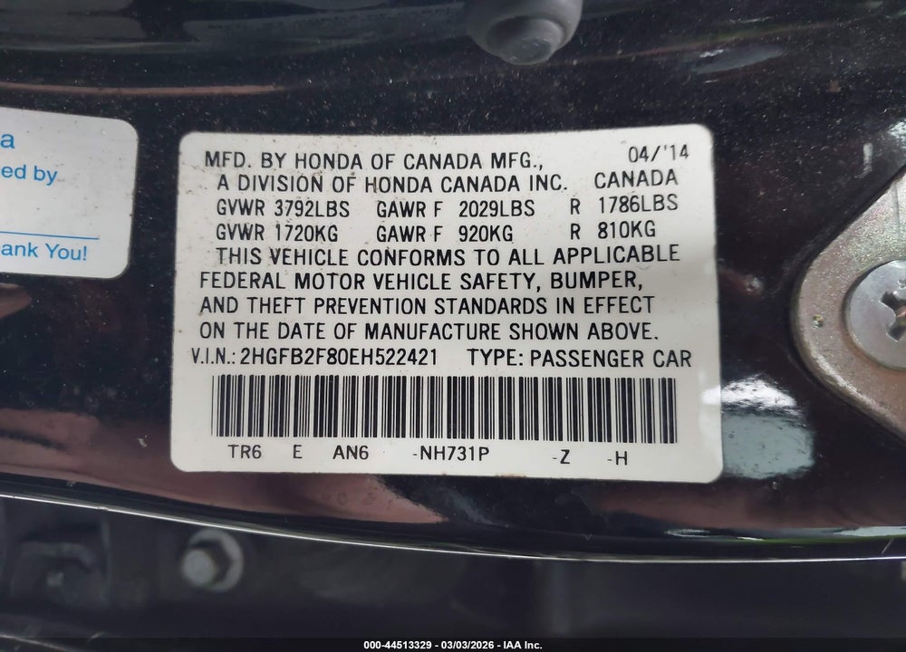 2014 HONDA CIVIC EX VIN: 2HGFB2F80EH522421