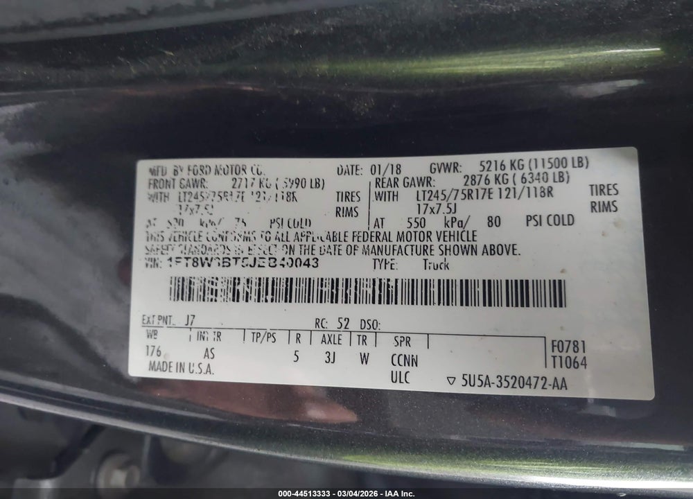 2018 FORD F-350 XL VIN: 1FT8W3BT5JEB40043