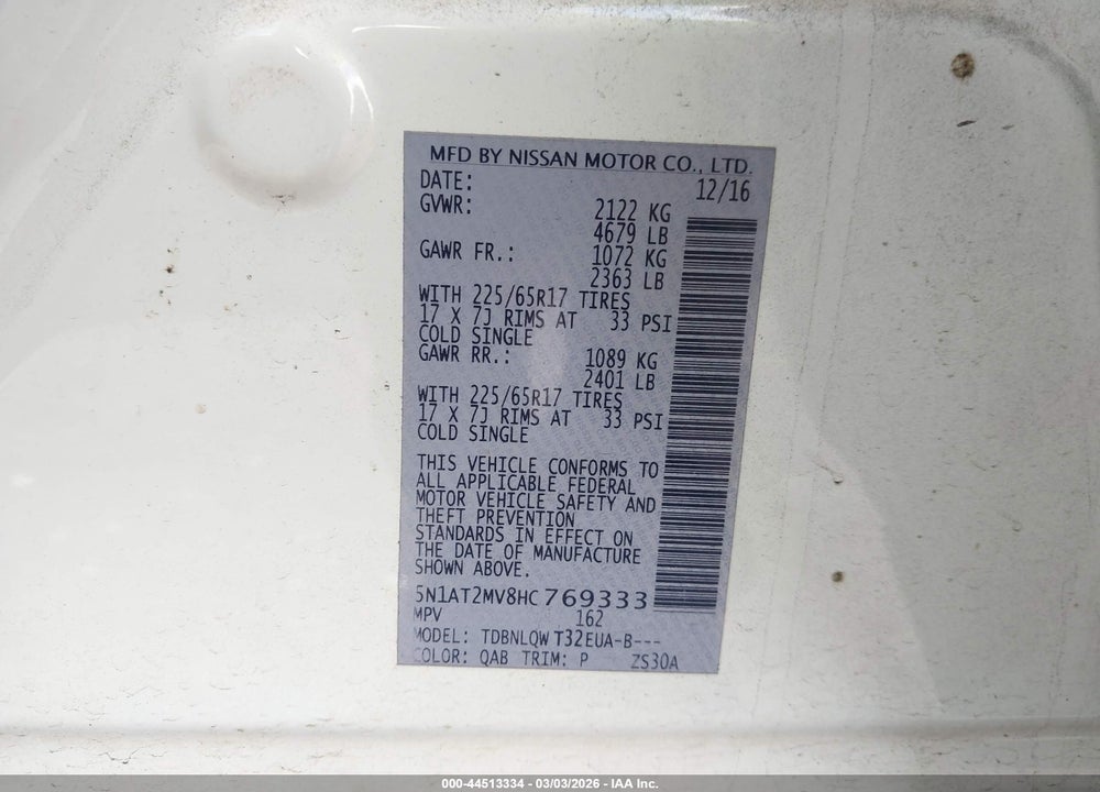 2017 NISSAN ROGUE SV VIN: 5N1AT2MV8HC769333