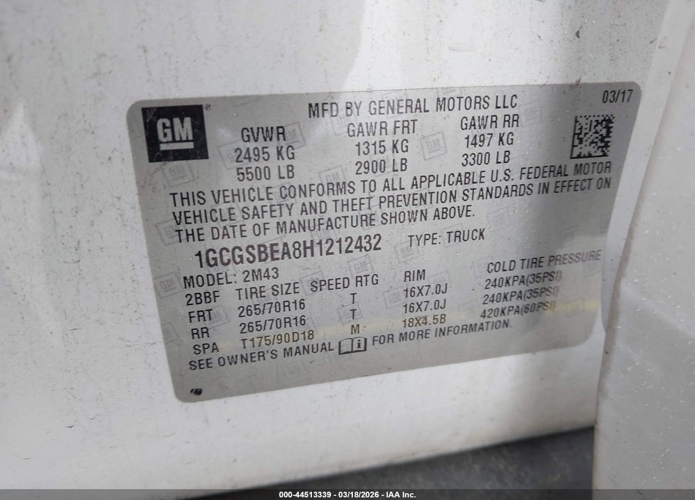 2017 CHEVROLET COLORADO WT VIN: 1GCGSBEA8H1212432