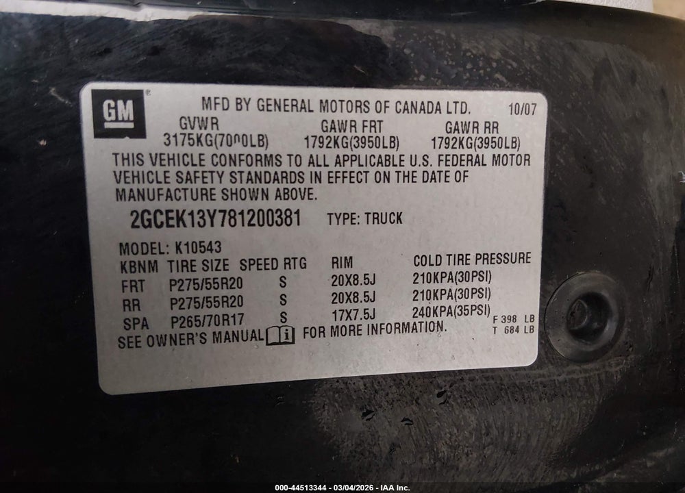 2008 CHEVROLET SILVERADO 1500 LTZ VIN: 2GCEK13Y781200381