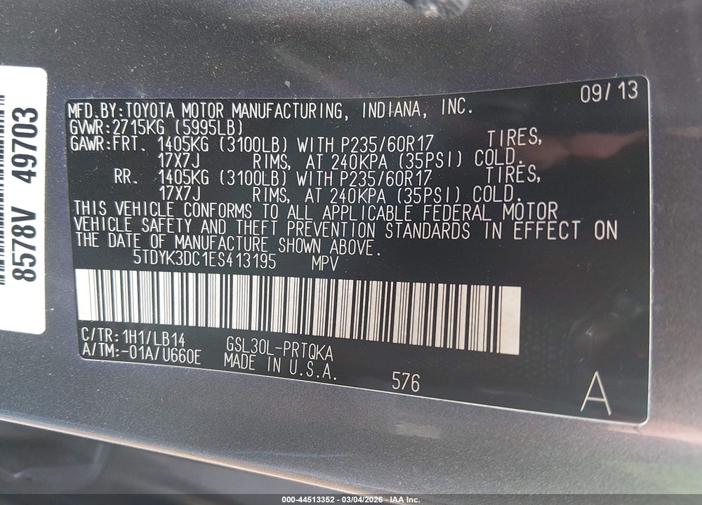 2014 TOYOTA SIENNA XLE V6 8 PASSENGER VIN: 5TDYK3DC1ES413195