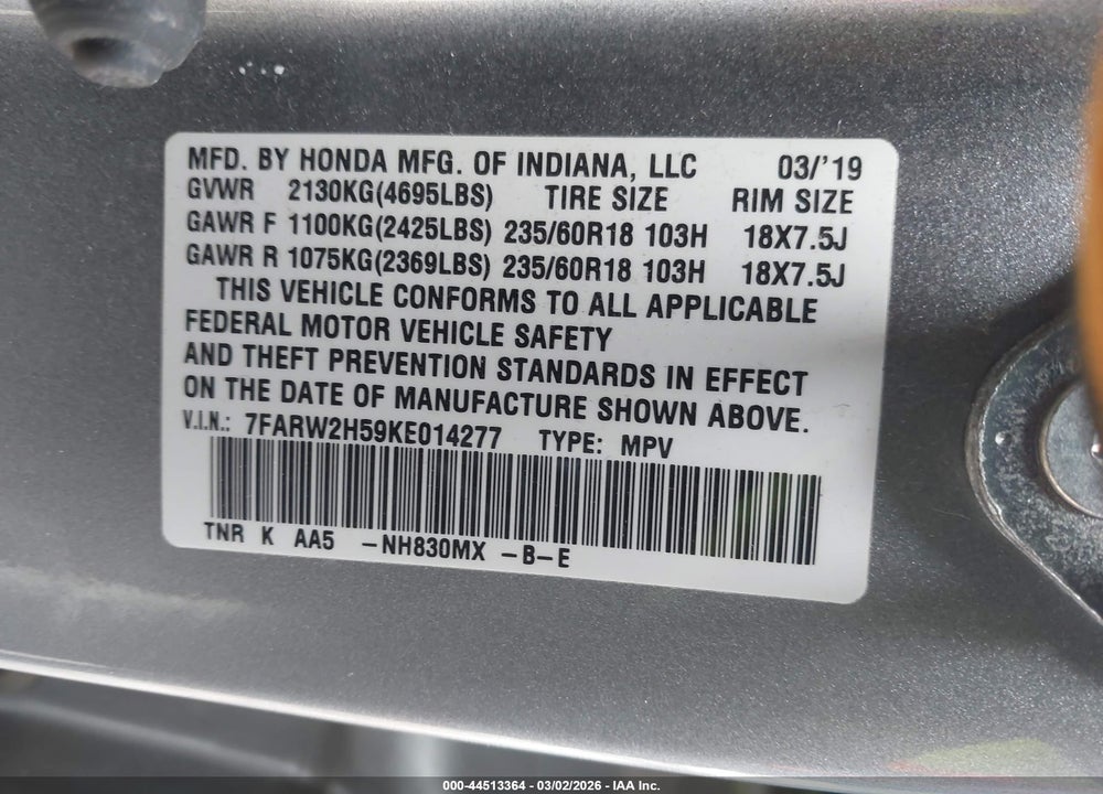 2019 HONDA CR-V EX VIN: 7FARW2H59KE014277