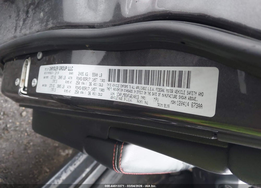 2015 JEEP CHEROKEE TRAILHAWK VIN: 1C4PJMBSXFW614013