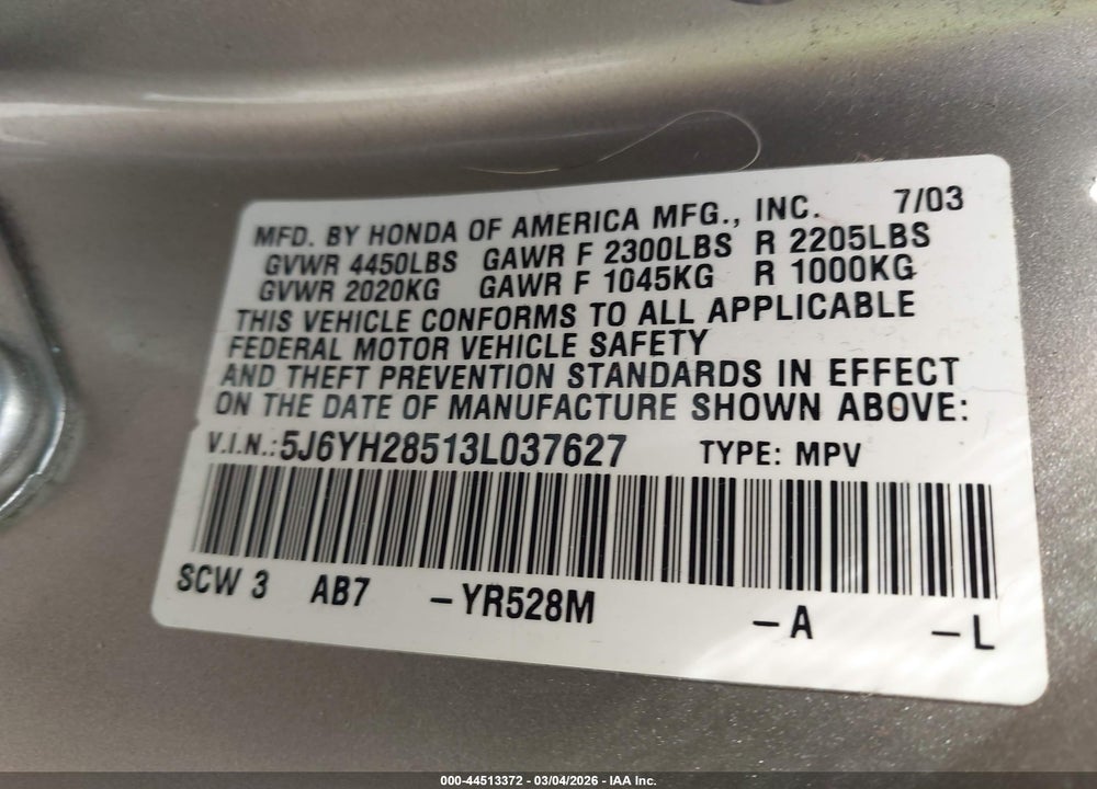 2003 HONDA ELEMENT EX VIN: 5J6YH28513L037627