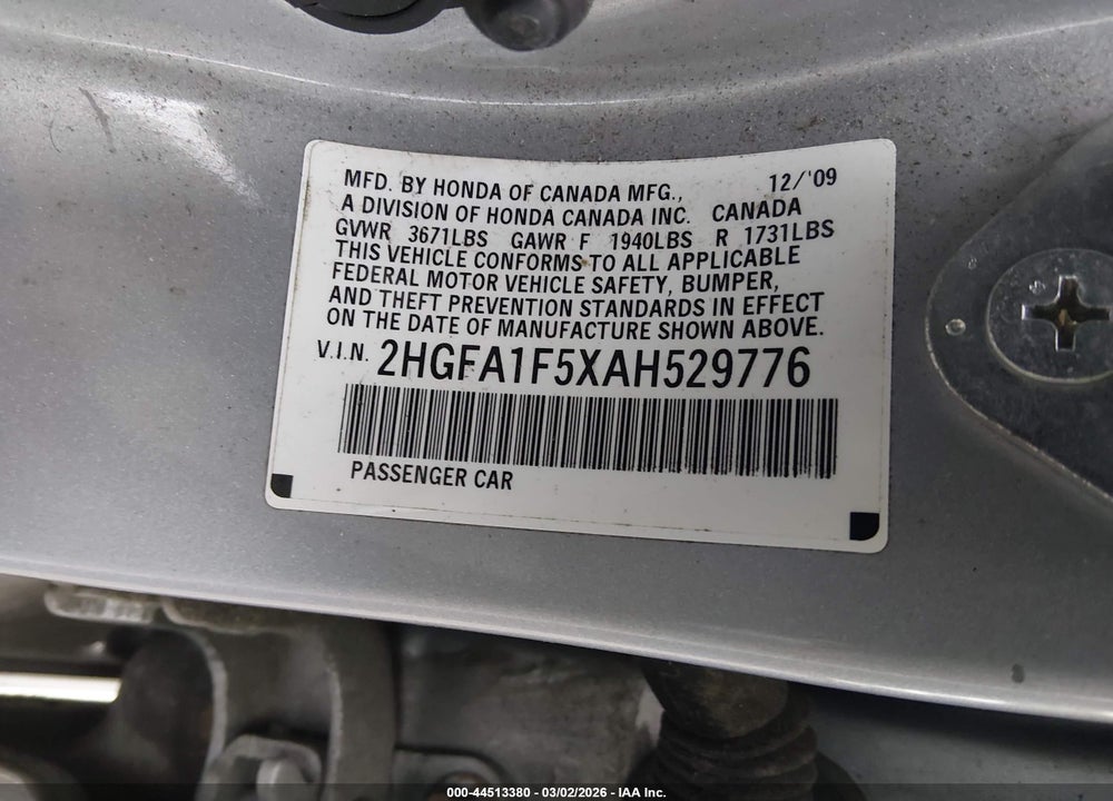 2010 HONDA CIVIC LX VIN: 2HGFA1F5XAH529776