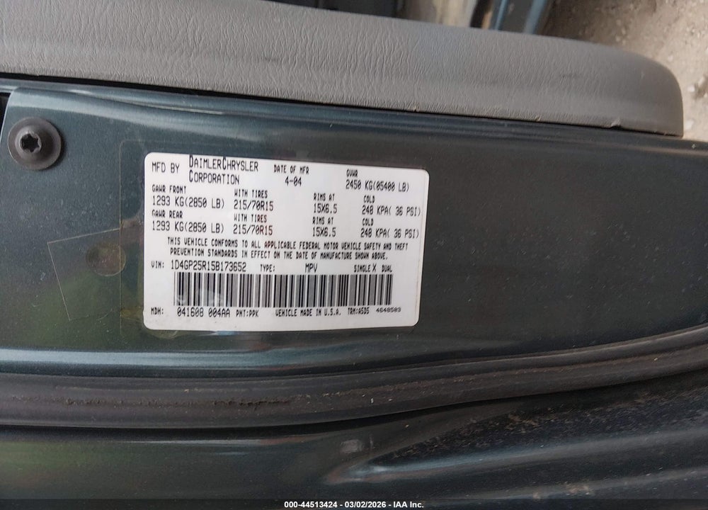 2005 DODGE CARAVAN SE VIN: 1D4GP25R15B173652