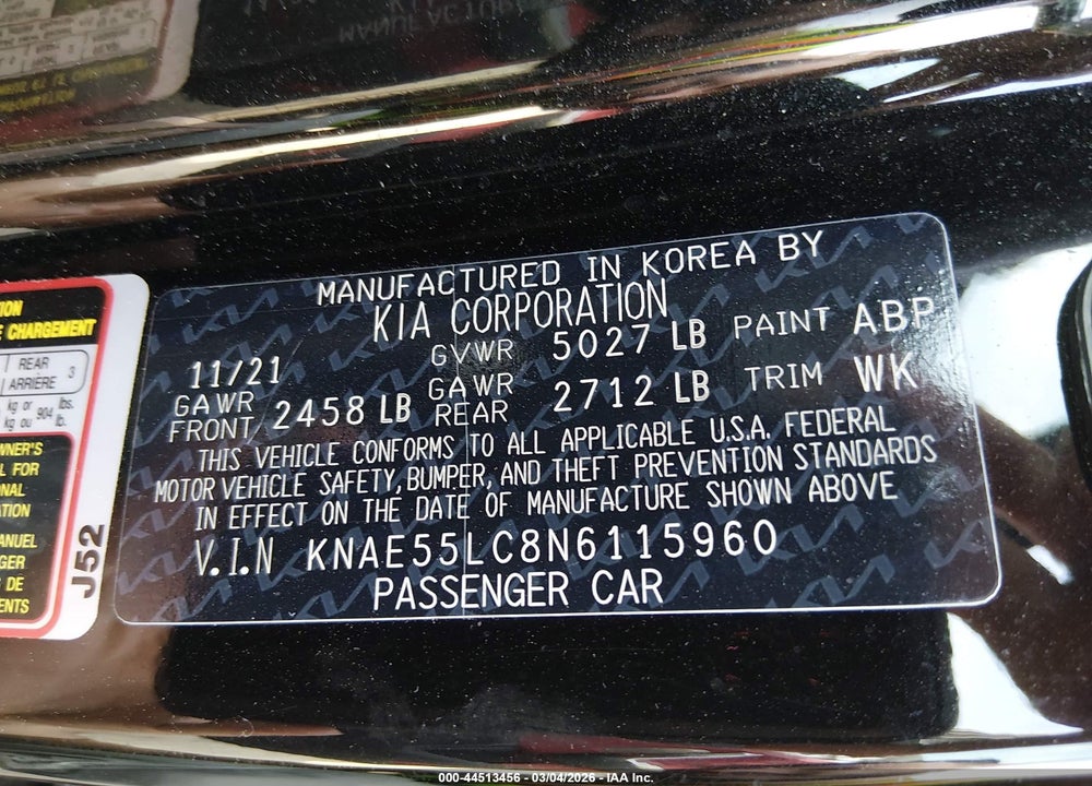 2022 KIA STINGER GT2 VIN: KNAE55LC8N6115960