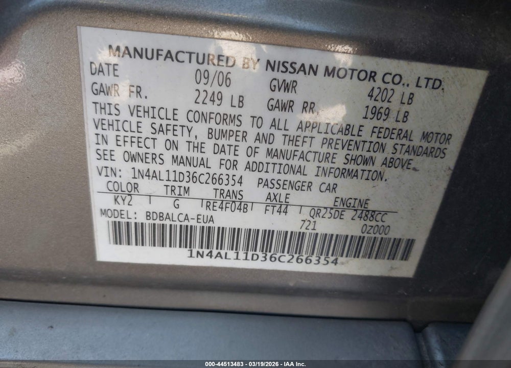 2006 NISSAN ALTIMA 2.5 S VIN: 1N4AL11D36C266354