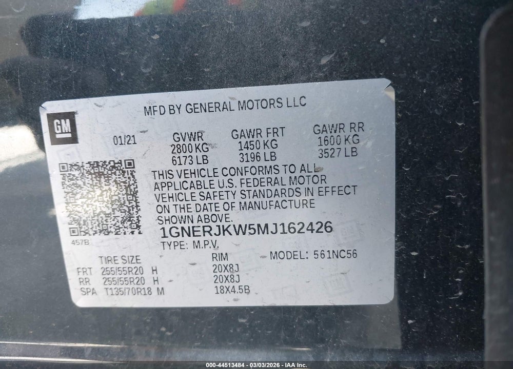 2021 CHEVROLET TRAVERSE FWD RS VIN: 1GNERJKW5MJ162426
