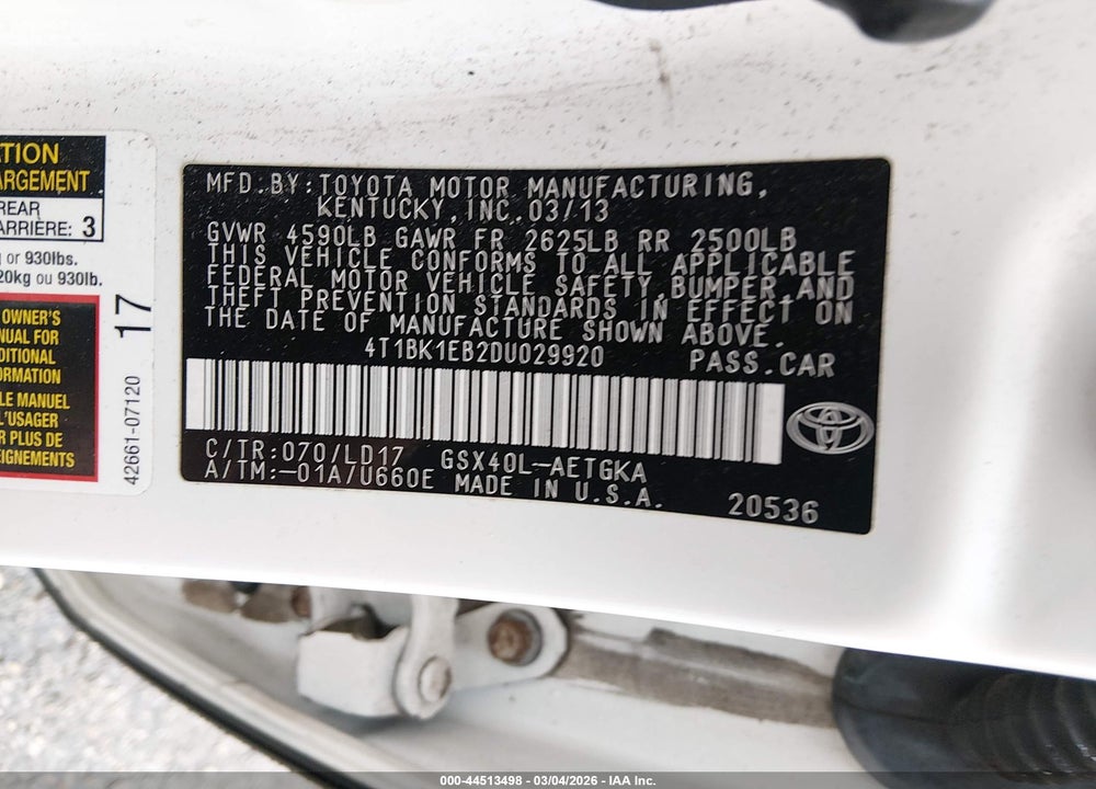 2013 TOYOTA AVALON XLE VIN: 4T1BK1EB2DU029920