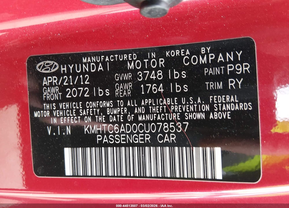 2012 HYUNDAI VELOSTER BASE W/GRAY VIN: KMHTC6AD0CU078537
