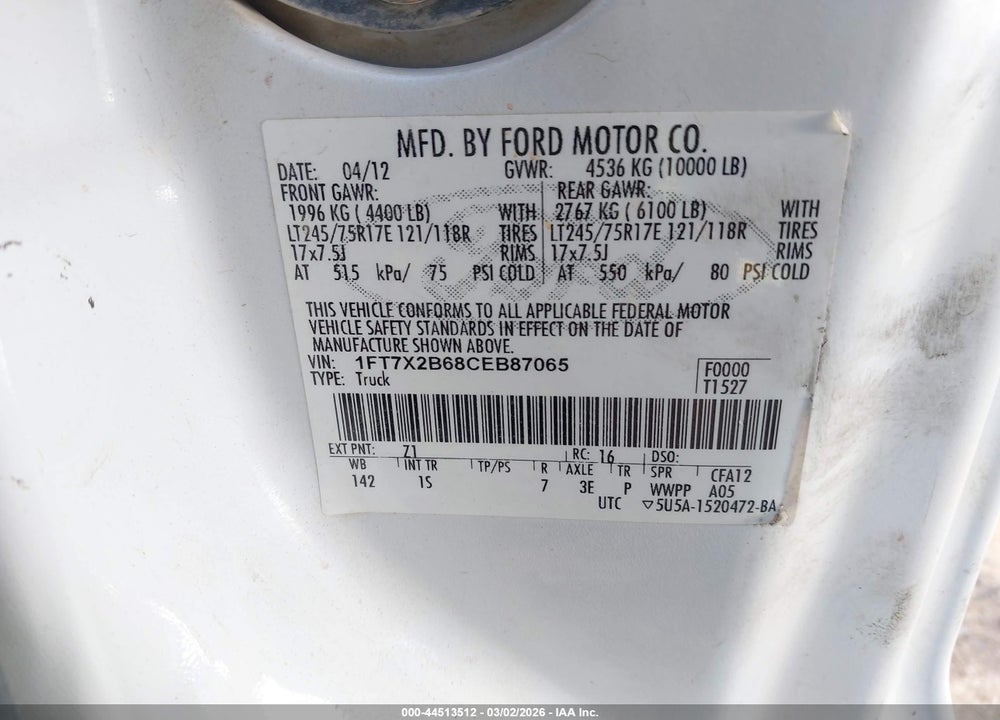 2012 FORD F-250 XL VIN: 1FT7X2B68CEB87065