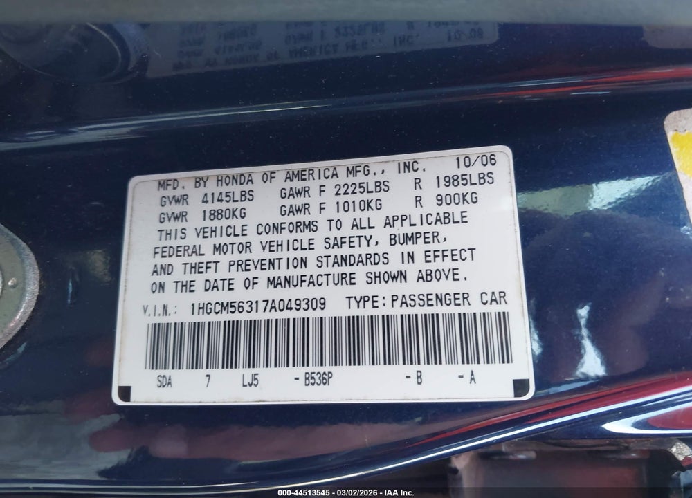 2007 HONDA ACCORD 2.4 SE VIN: 1HGCM56317A049309