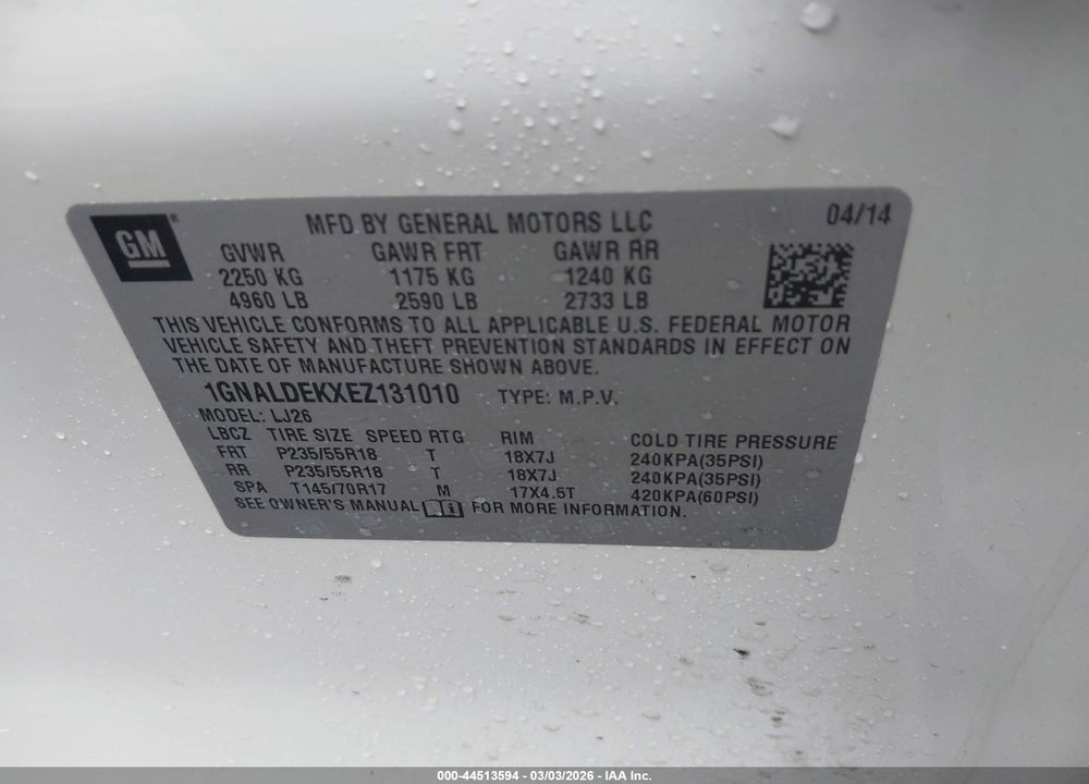 2014 CHEVROLET EQUINOX LTZ VIN: 1GNALDEKXEZ131010