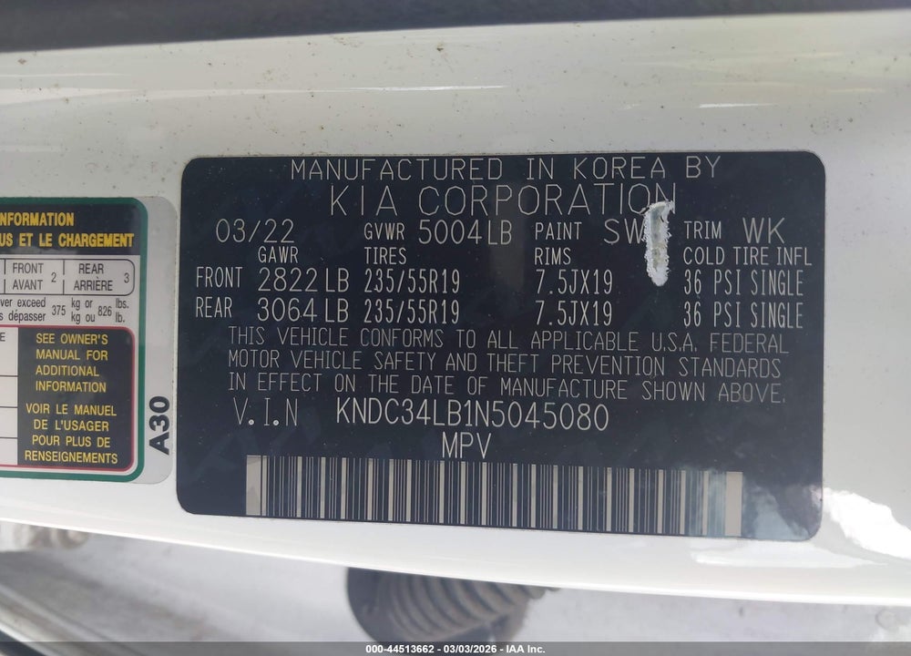 2022 KIA EV6 LIGHT VIN: KNDC34LB1N5045080