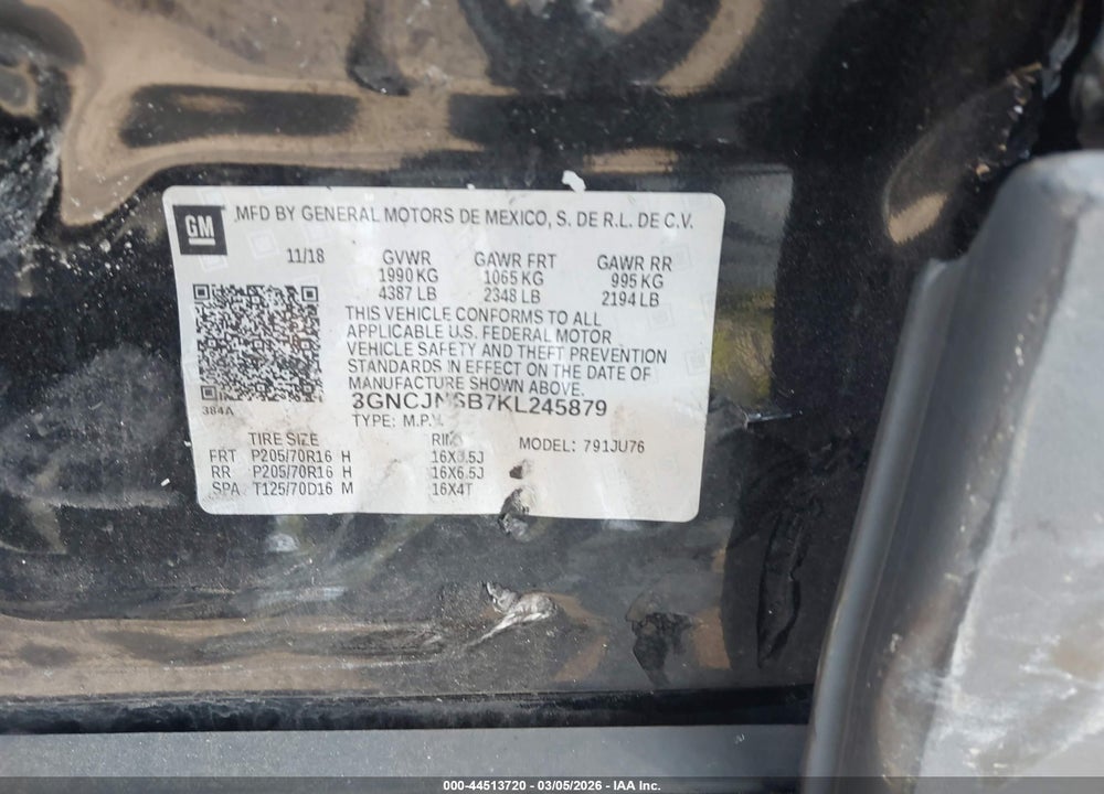 2019 CHEVROLET TRAX LS VIN: 3GNCJNSB7KL245879