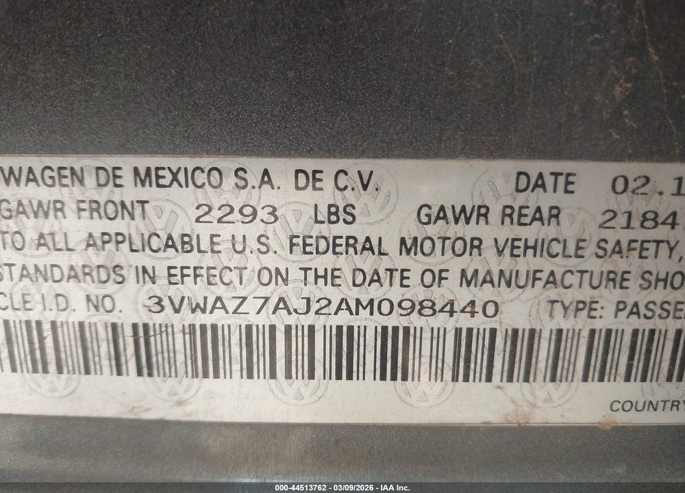 2010 VOLKSWAGEN JETTA LIMITED EDITION VIN: 3VWAZ7AJ2AM098440