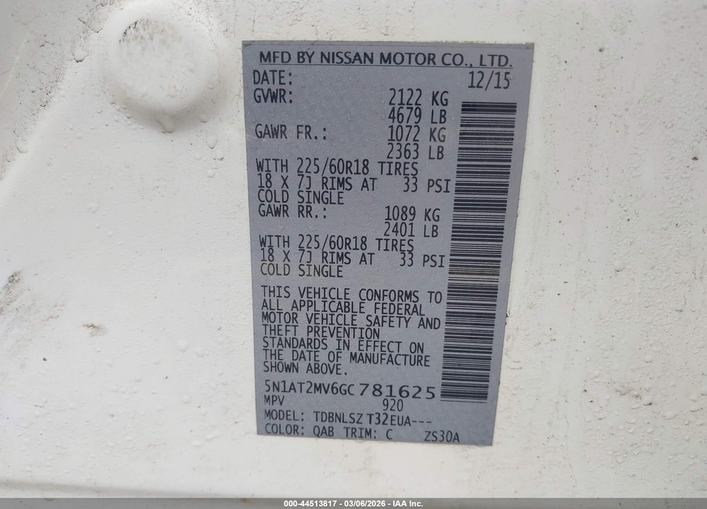 2016 NISSAN ROGUE SL VIN: 5N1AT2MV6GC781625