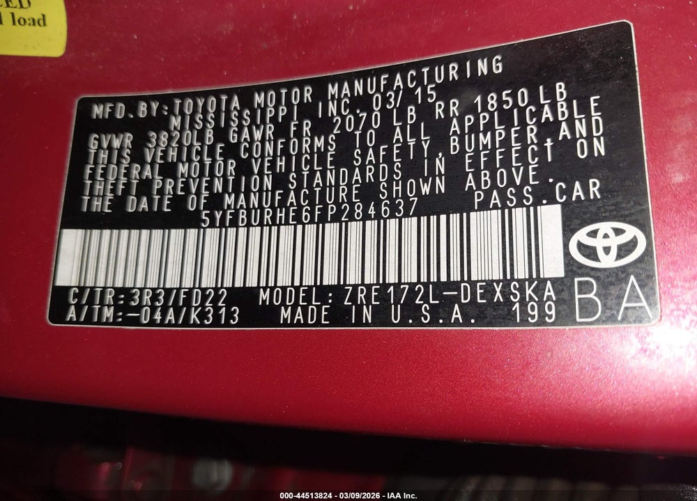 2015 TOYOTA COROLLA S PLUS VIN: 5YFBURHE6FP284637