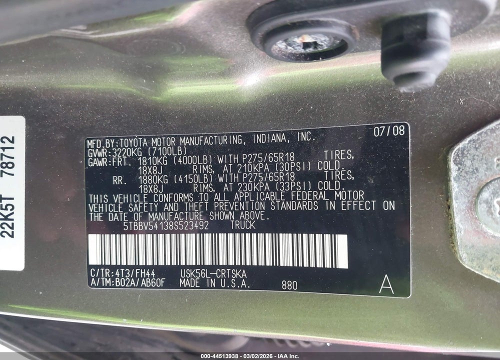 2008 TOYOTA TUNDRA SR5 5.7L V8 VIN: 5TBBV54138S523492