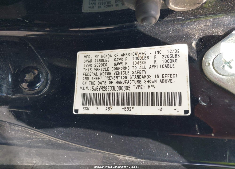 2003 HONDA ELEMENT EX VIN: 5J6YH28533L000305