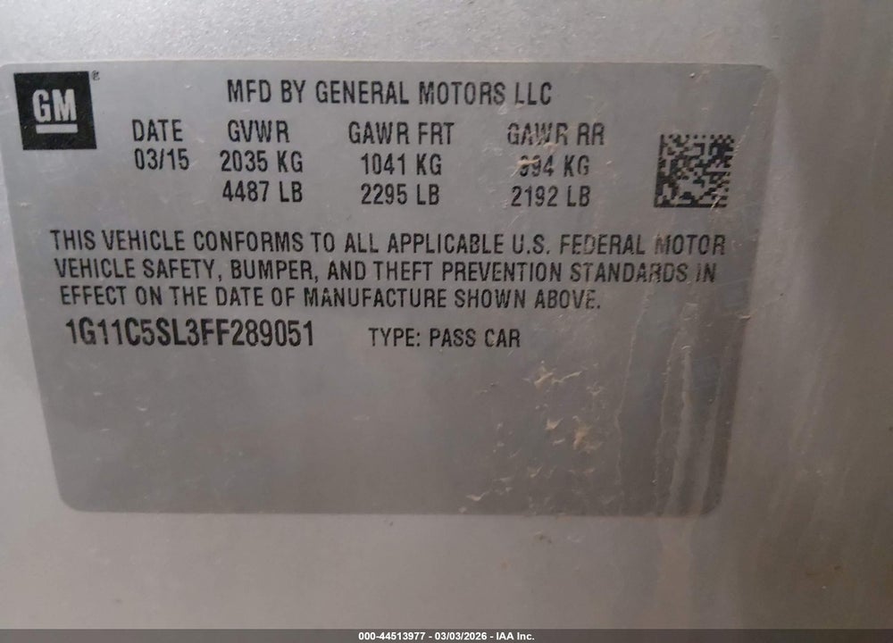 2015 CHEVROLET MALIBU 1LT VIN: 1G11C5SL3FF289051