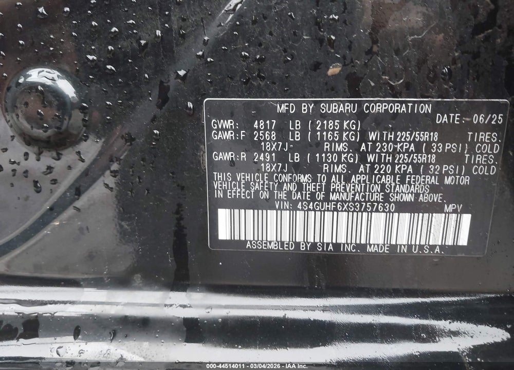 2025 SUBARU CROSSTREK SPORT VIN: 4S4GUHF6XS3757630