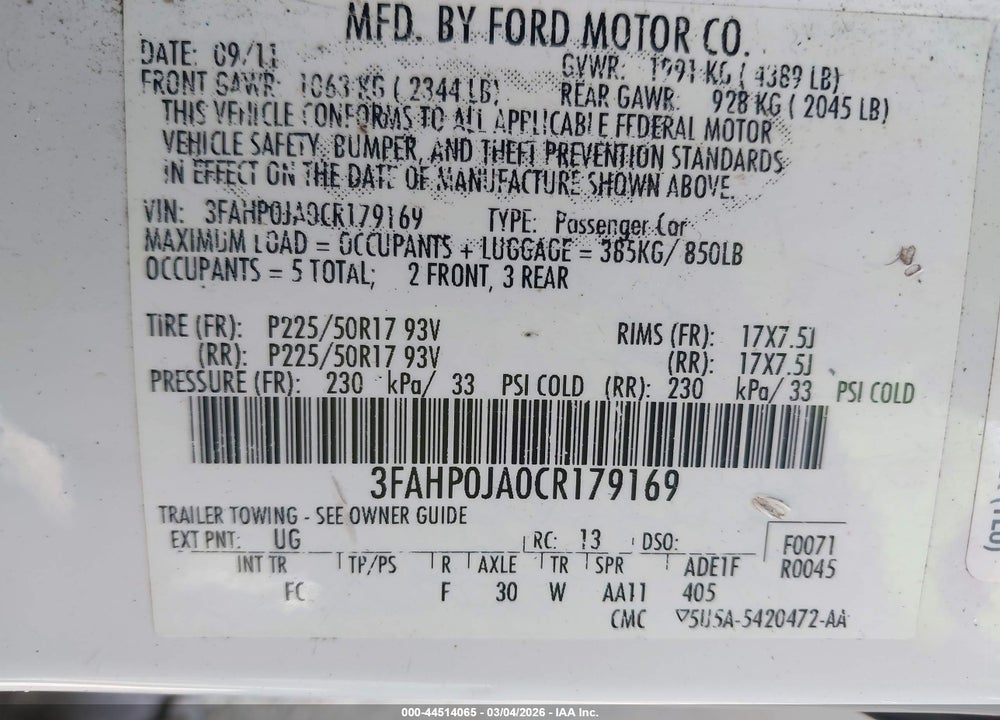 2012 FORD FUSION SEL VIN: 3FAHP0JA0CR179169