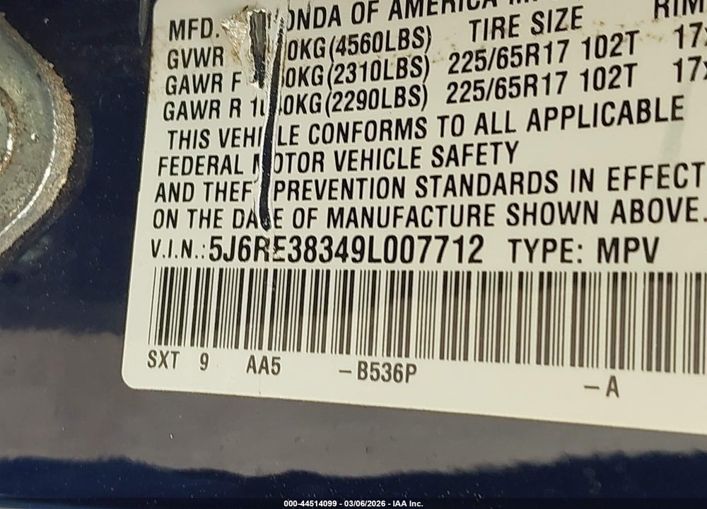 2009 HONDA CR-V LX VIN: 5J6RE38349L007712