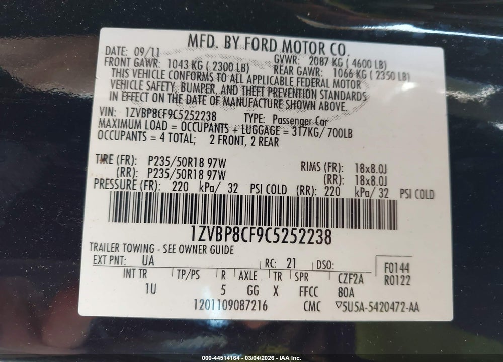 2012 FORD MUSTANG GT VIN: 1ZVBP8CF9C5252238