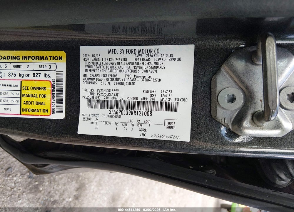 2019 FORD FUSION HYBRID SE VIN: 3FA6P0LU9KR121008