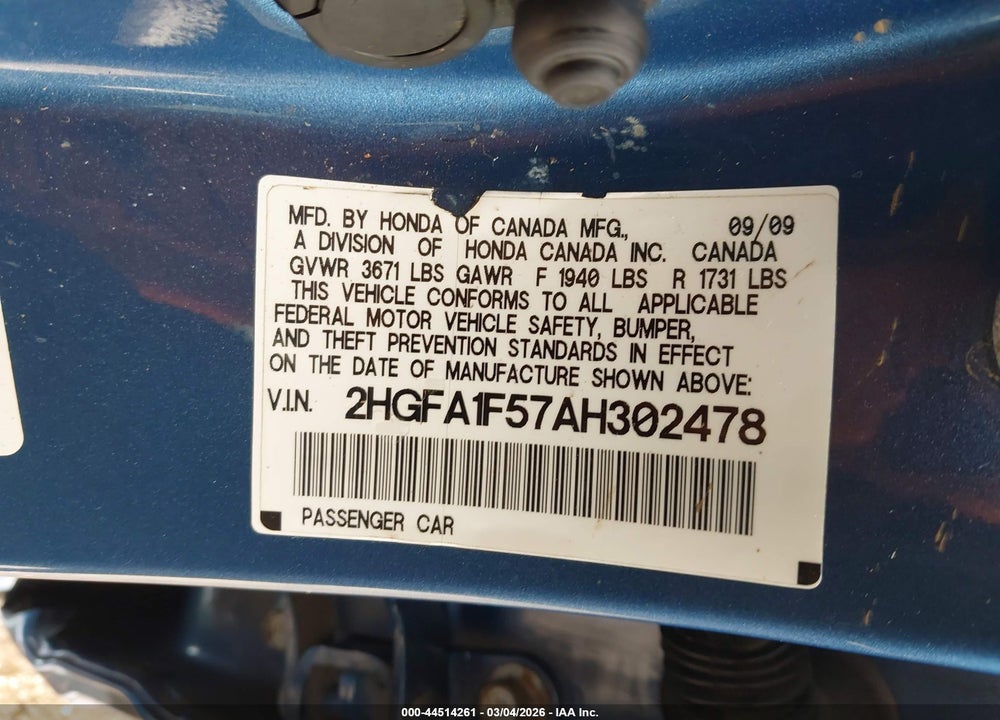 2010 HONDA CIVIC LX VIN: 2HGFA1F57AH302478