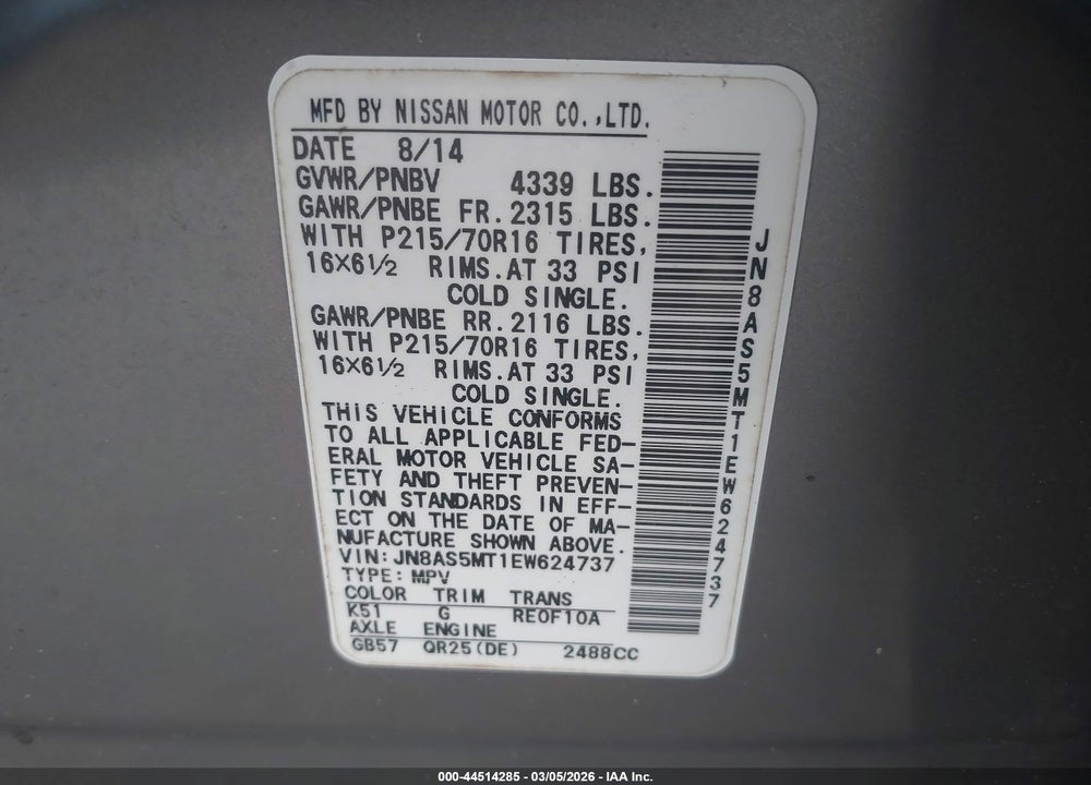 2014 NISSAN ROGUE SELECT S VIN: JN8AS5MT1EW624737