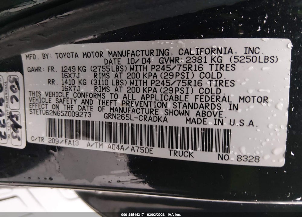 2005 TOYOTA TACOMA PRERUNNER V6 VIN: 5TETU62N65Z009273
