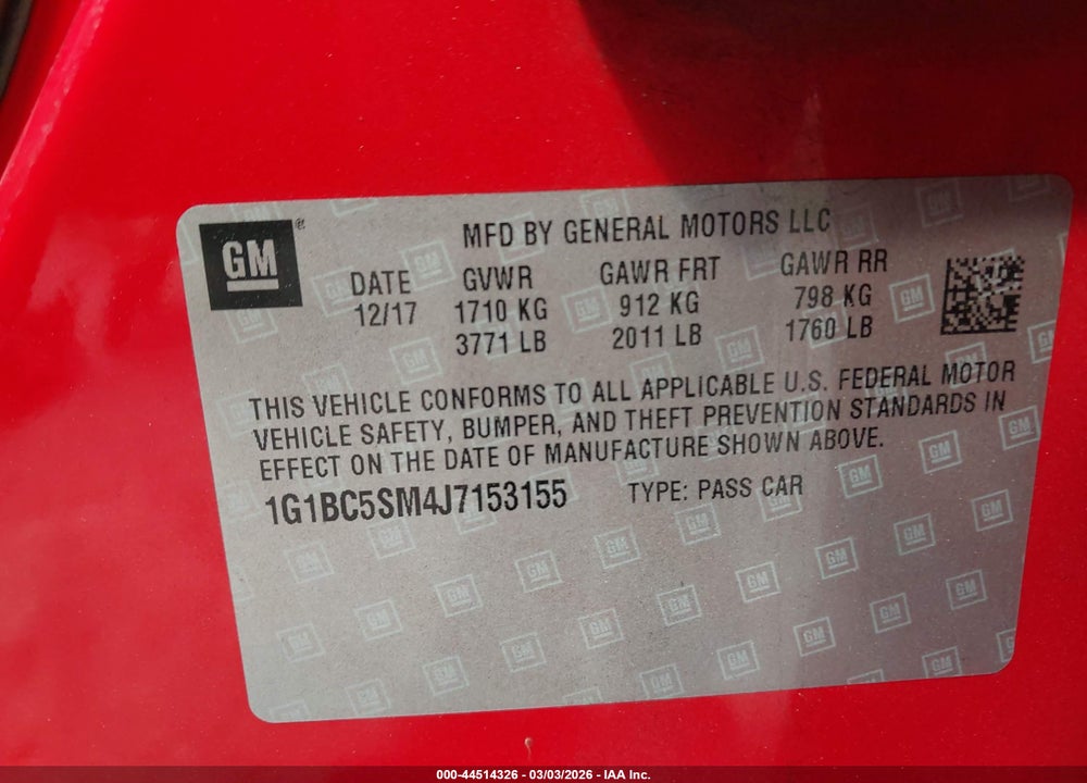 2018 CHEVROLET CRUZE LS AUTO VIN: 1G1BC5SM4J7153155