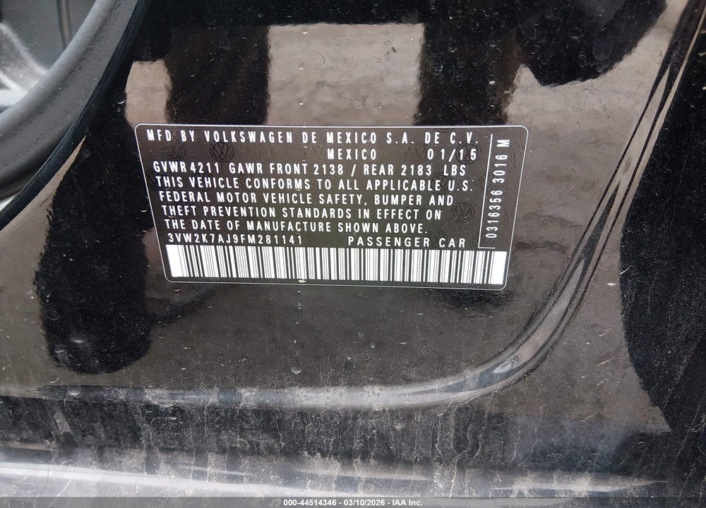 2015 VOLKSWAGEN JETTA 2.0L S VIN: 3VW2K7AJ9FM281141