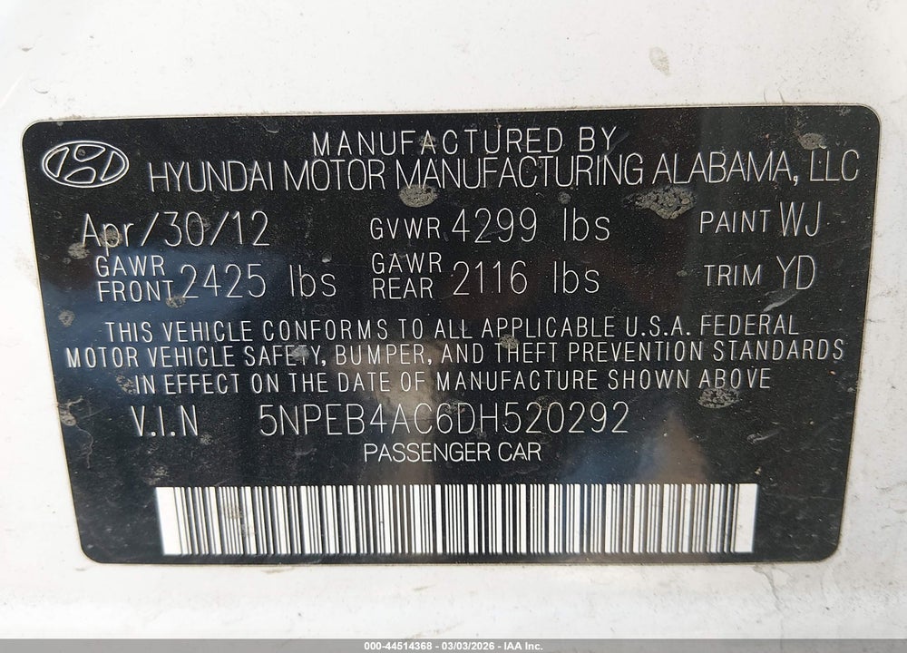 2013 HYUNDAI SONATA GLS VIN: 5NPEB4AC6DH520292