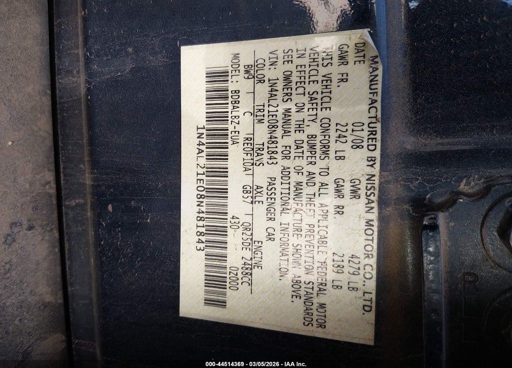 2008 NISSAN ALTIMA 2.5 S VIN: 1N4AL21E08N481843