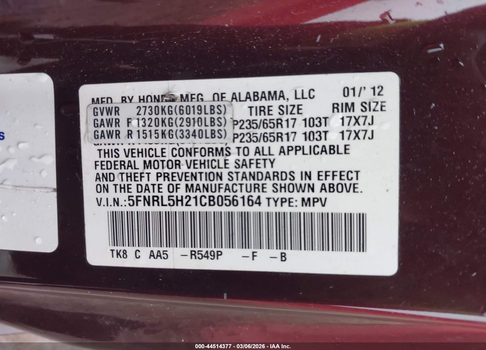 2012 HONDA ODYSSEY LX VIN: 5FNRL5H21CB056164