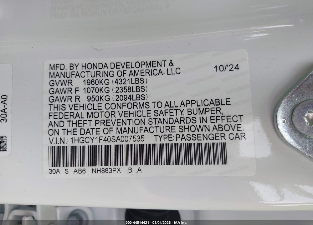 2025 HONDA ACCORD SE VIN: 1HGCY1F40SA007535