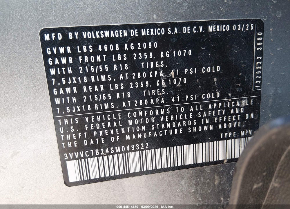 2025 VOLKSWAGEN TAOS 1.5T SE VIN: 3VVVC7B24SM049322
