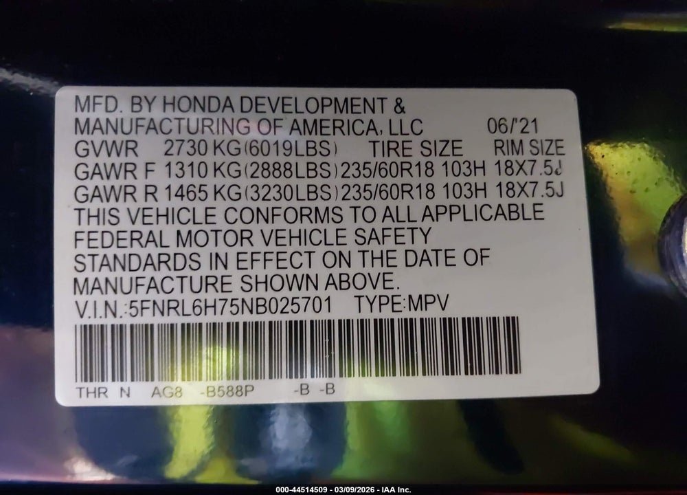 2022 HONDA ODYSSEY EX-L VIN: 5FNRL6H75NB025701