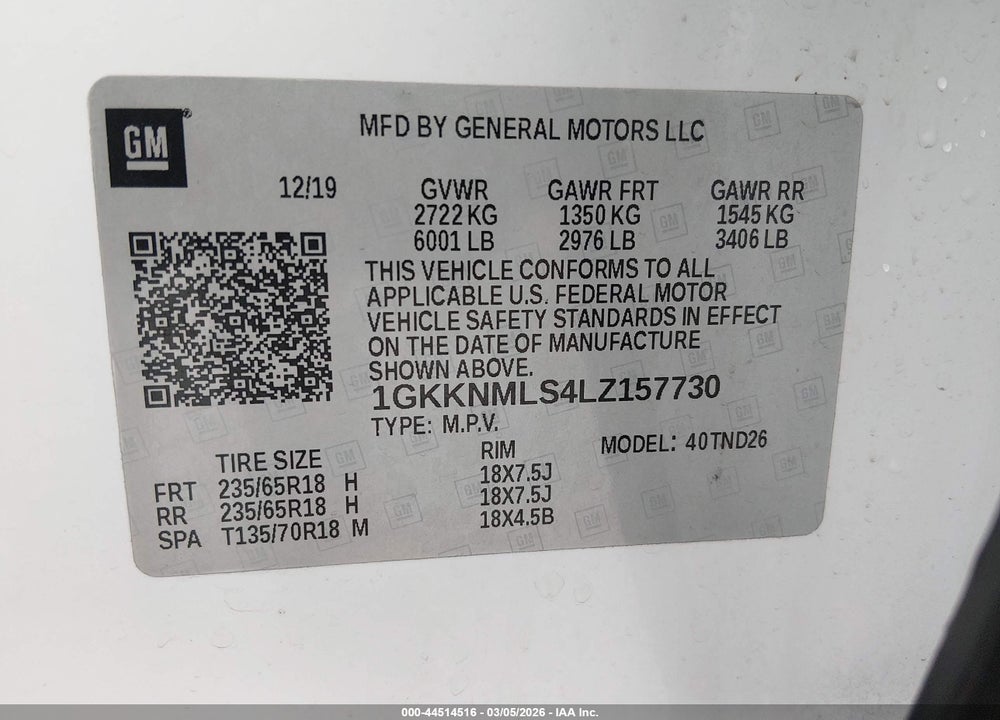 2020 GMC ACADIA FWD SLT VIN: 1GKKNMLS4LZ157730