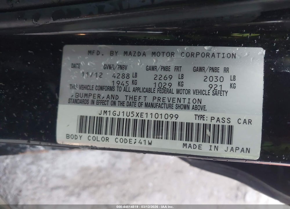 2014 MAZDA 6 I SPORT VIN: JM1GJ1U5XE1101099